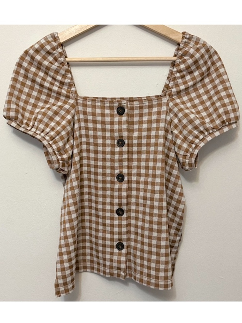Madewell • S • Square Neck Puff Sleeve Button Detail Front Brown White Gingham